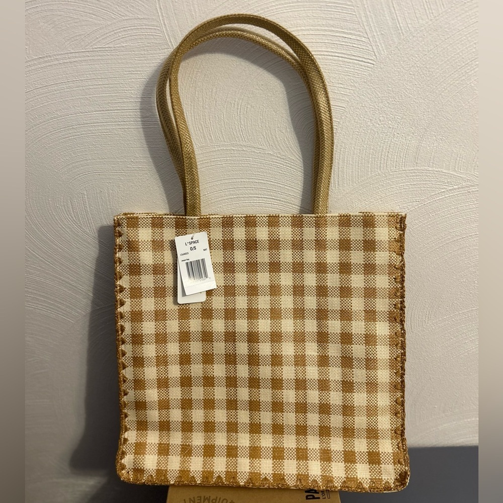 L*Space Jasper Beach Raffia Bag Neutral Checkered Cream Tan NWT